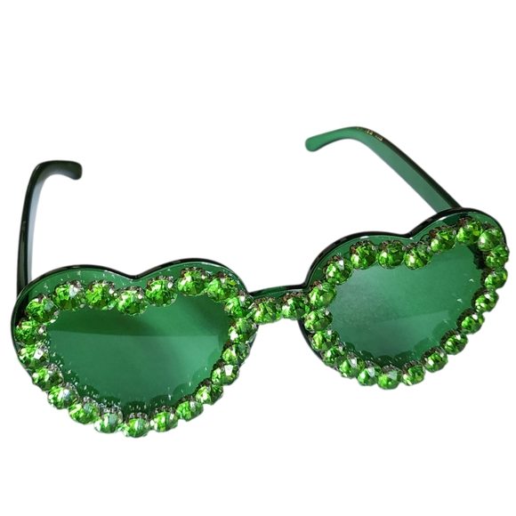 Green Heart-Shaped Sunglasses with Rhinestones - Picture 1 of 2